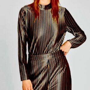 Zara Metallic Striped Mock‎ Turtleneck Long Sleeve Velvet Top size Small
